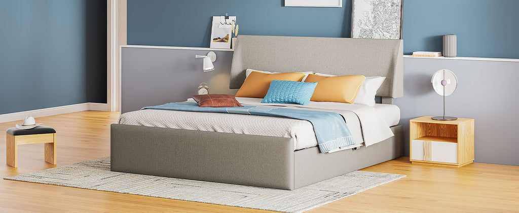 Queen Size Sleigh Bed Frame with Side-Tilt Hydraulic Storage System, Linen Upholstery, Gray