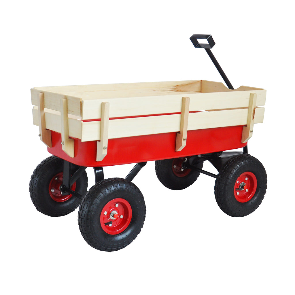 Leoglint Garden cart outdoor sport wagon tools cart wooden side panels air tires Wagon (red)