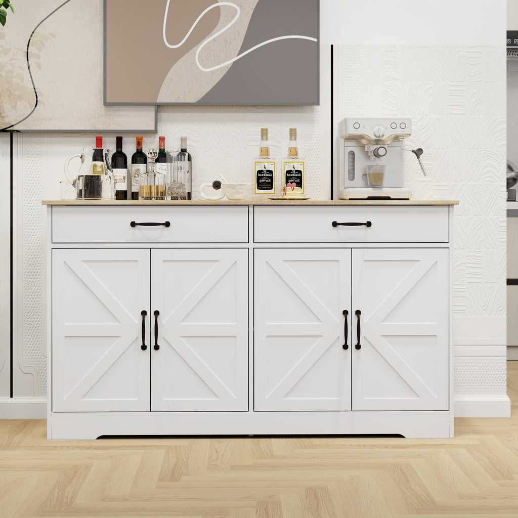 Leoglint 55.91" Large Farmhouse Buffet Cabinet Storage Sideboard with 2 Drawers and 4 Doors for Dining Living Room Kitchen Cupboard-White