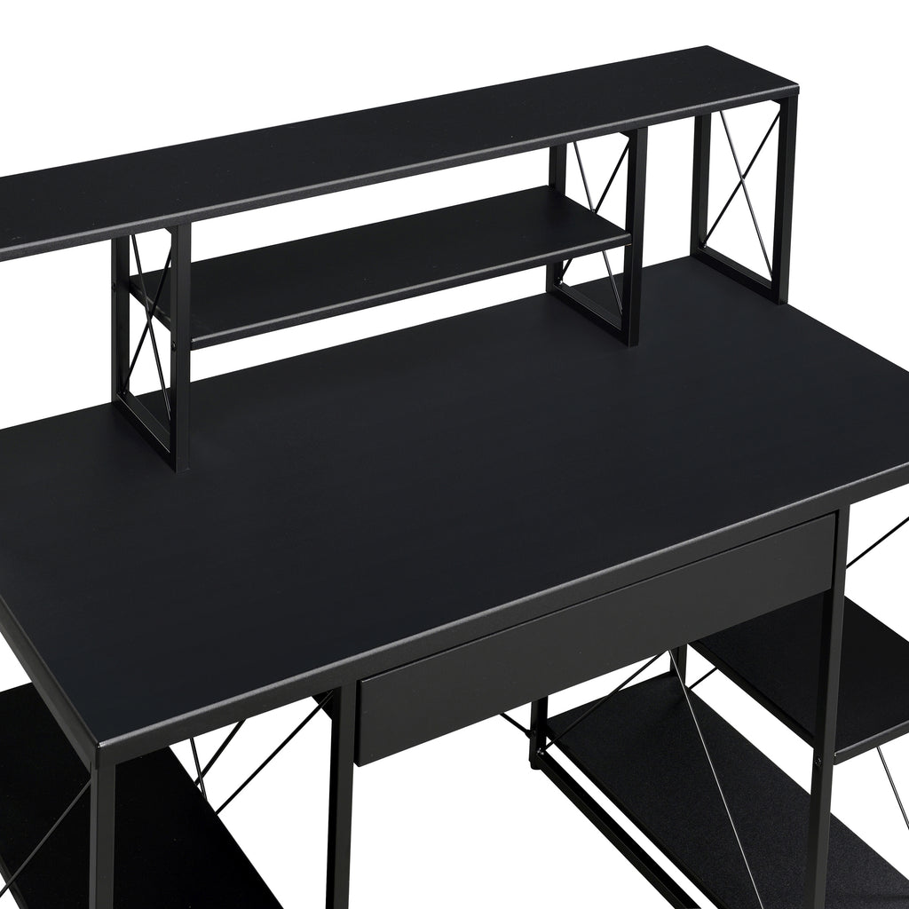 Leoglint Black Office Desk with Open Shelves and Hutch