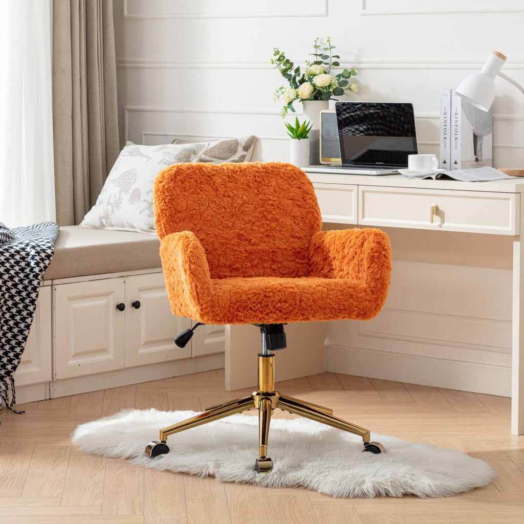 Leoglint A&A Furniture Office Chair,Artificial rabbit hair Home Office Chair with Golden Metal Base,Adjustable Desk Chair Swivel Office Chair,Vanity Chair(Orange)