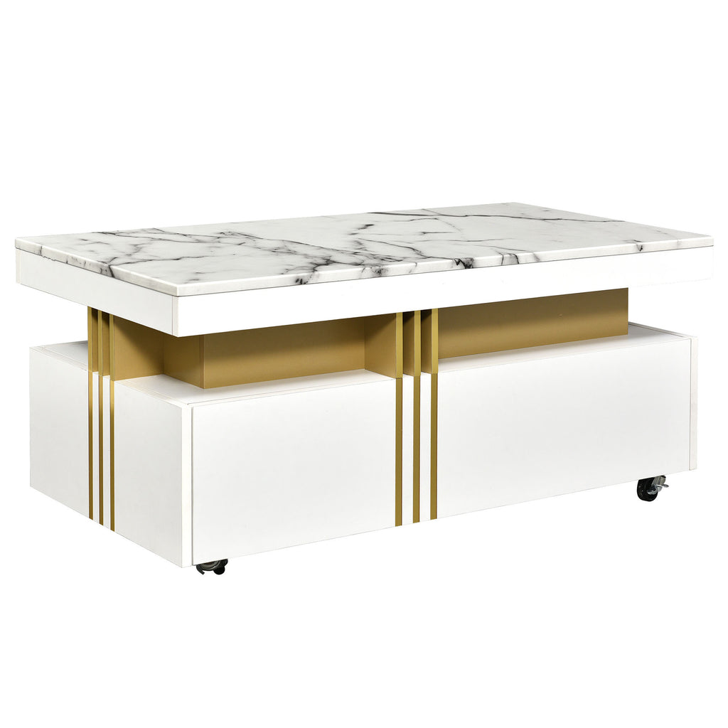 Leoglint [VIDEO provided] ON-TREND Contemporary Coffee Table with Faux Marble Top, Rectangle Cocktail Table with Caster Wheels, Moderate Luxury Center Table with Gold Metal Bars for Living Room, White