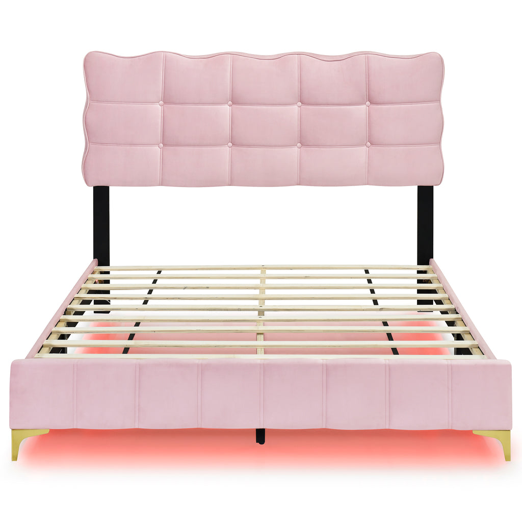 Queen Size Velvet Platform Bed with LED Frame and Stylish Mental Bed Legs, Pink