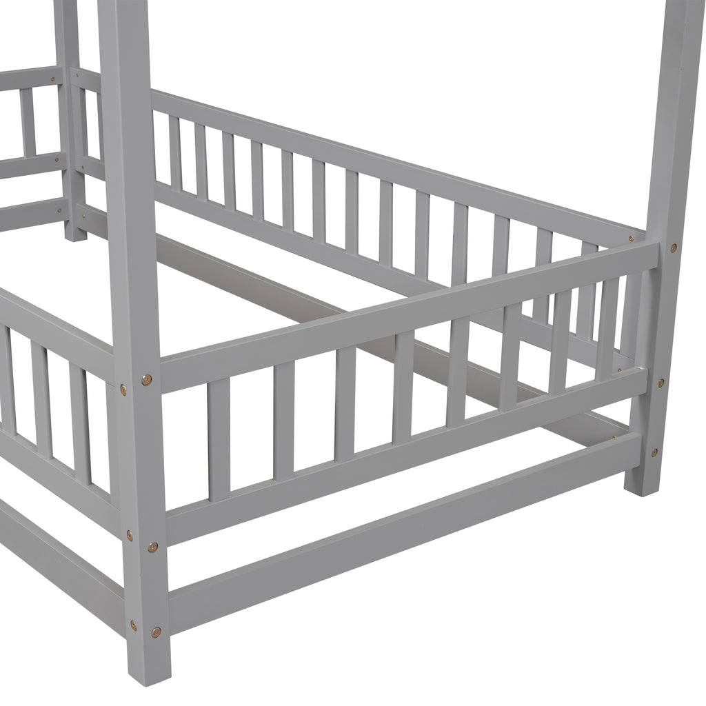 Leoglint Twin Size Floor Wooden Bed Frame with House Roof Frame, Fence Guardrails,Grey(Old SKU:W1791106614)