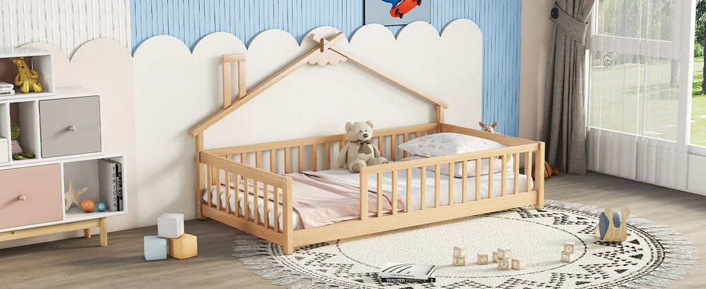 Twin House-Shaped Bedside Floor Bed Frame with Guardrails, Slats, without Door ,Natural