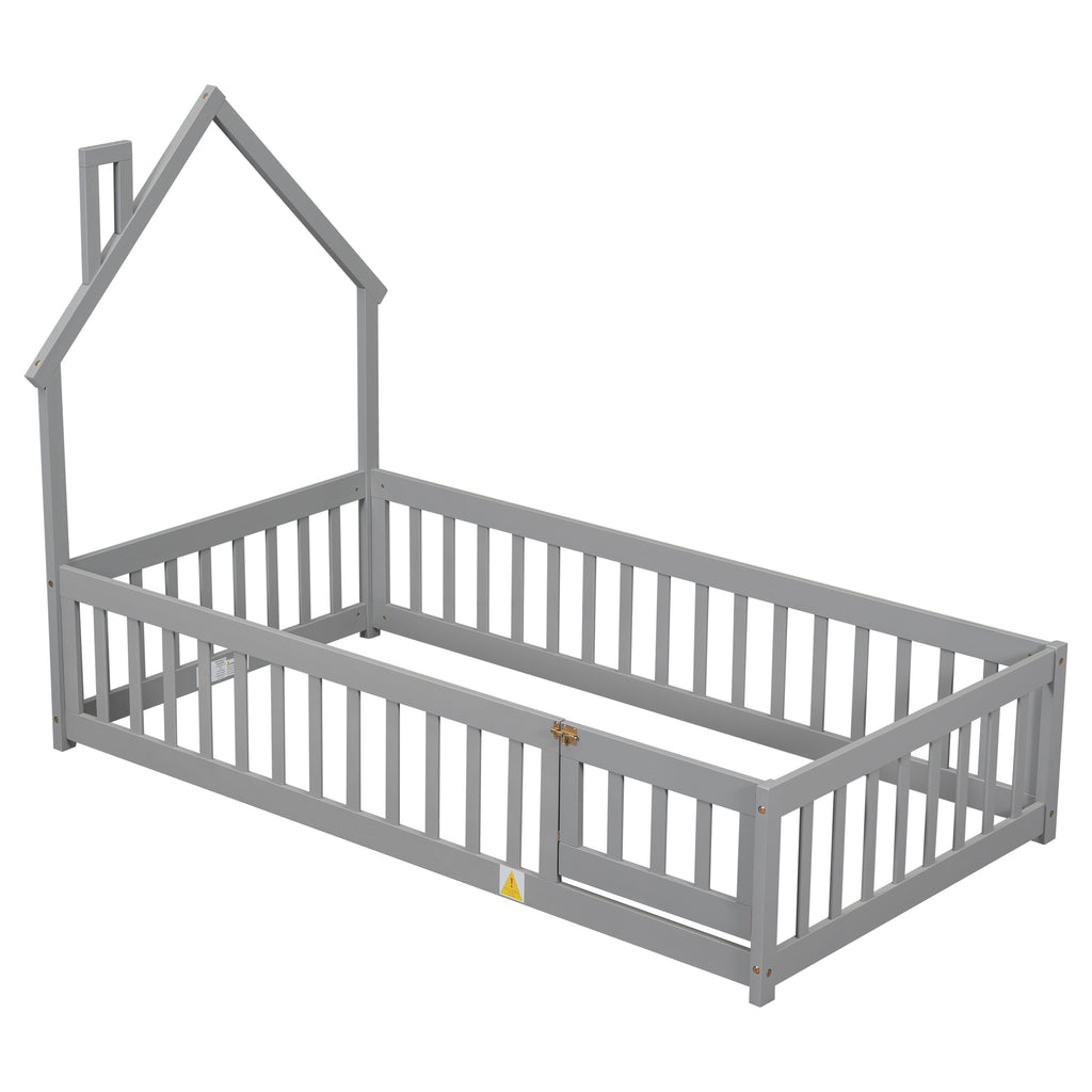 Twin House-Shaped Headboard Floor Bed Frame with Fence,Grey