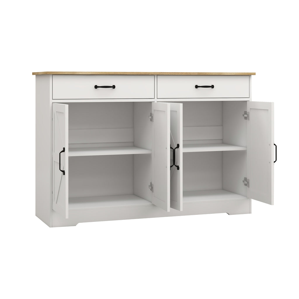 Leoglint 47.95" Farmhouse Buffet Cabinet Storage Sideboard with 2 Drawers and 4 Doors for Dining Living Room Kitchen Cupboard-White