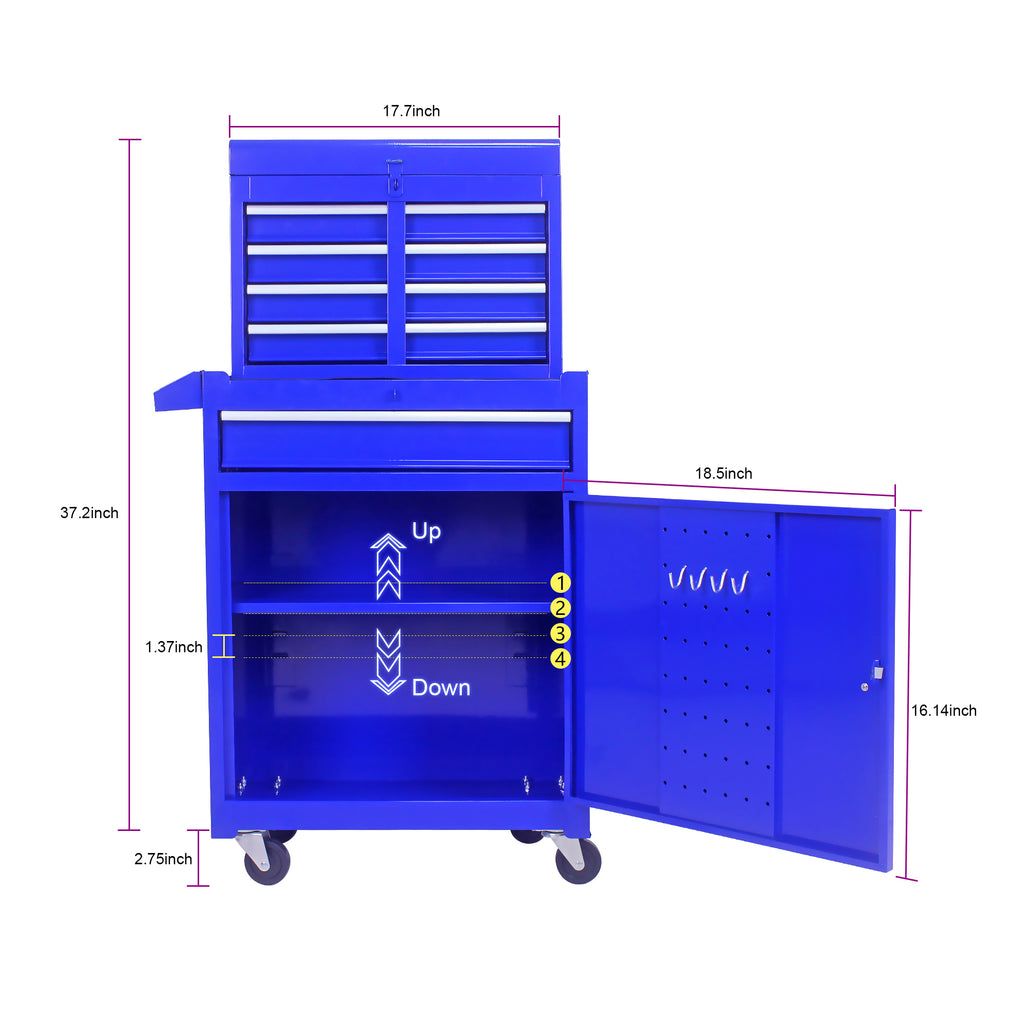 Leoglint Detachable 5 Drawer Tool Chest with Bottom Cabinet and One Adjustable Shelf--Blue