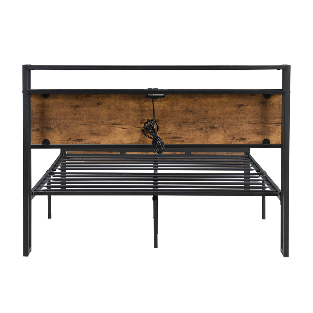 Leoglint Full Size Metal Platform Bed Frame with Wooden Headboard and Footboard with USB LINER, No Box Spring Needed, Large Under Bed Storage, Easy Assemble