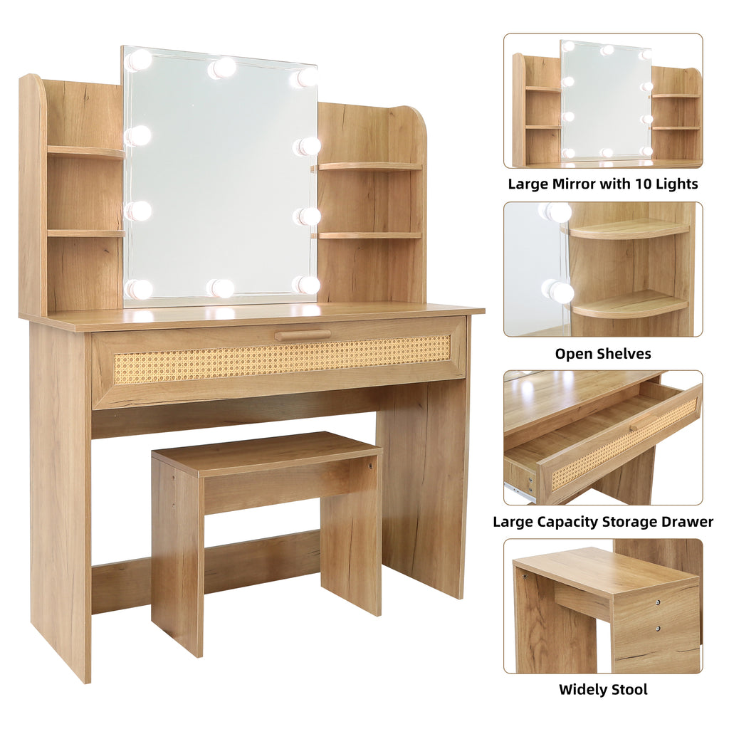 Leoglint Drawer Chest Vanity Desk Set Stool & Dressing Table with LED Lighting Mirror Drawer and Compartments Modern Wood Cosmetic Table Chest of Drawers Nature Color