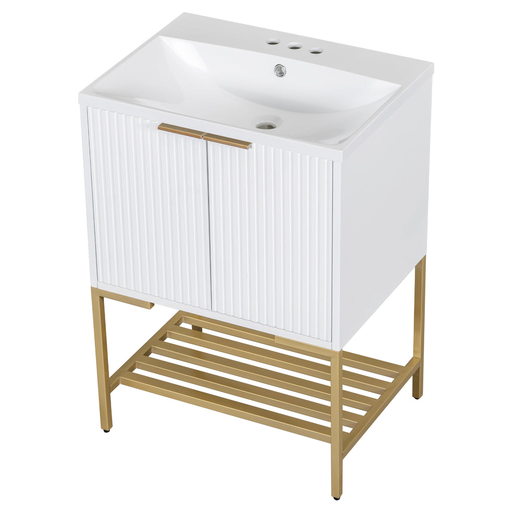 Leoglint 24" Bathroom Vanity with Sink, Bathroom Vanity Cabinet with Two Doors and Gold Metal Frame, Open Storage Shelf, White