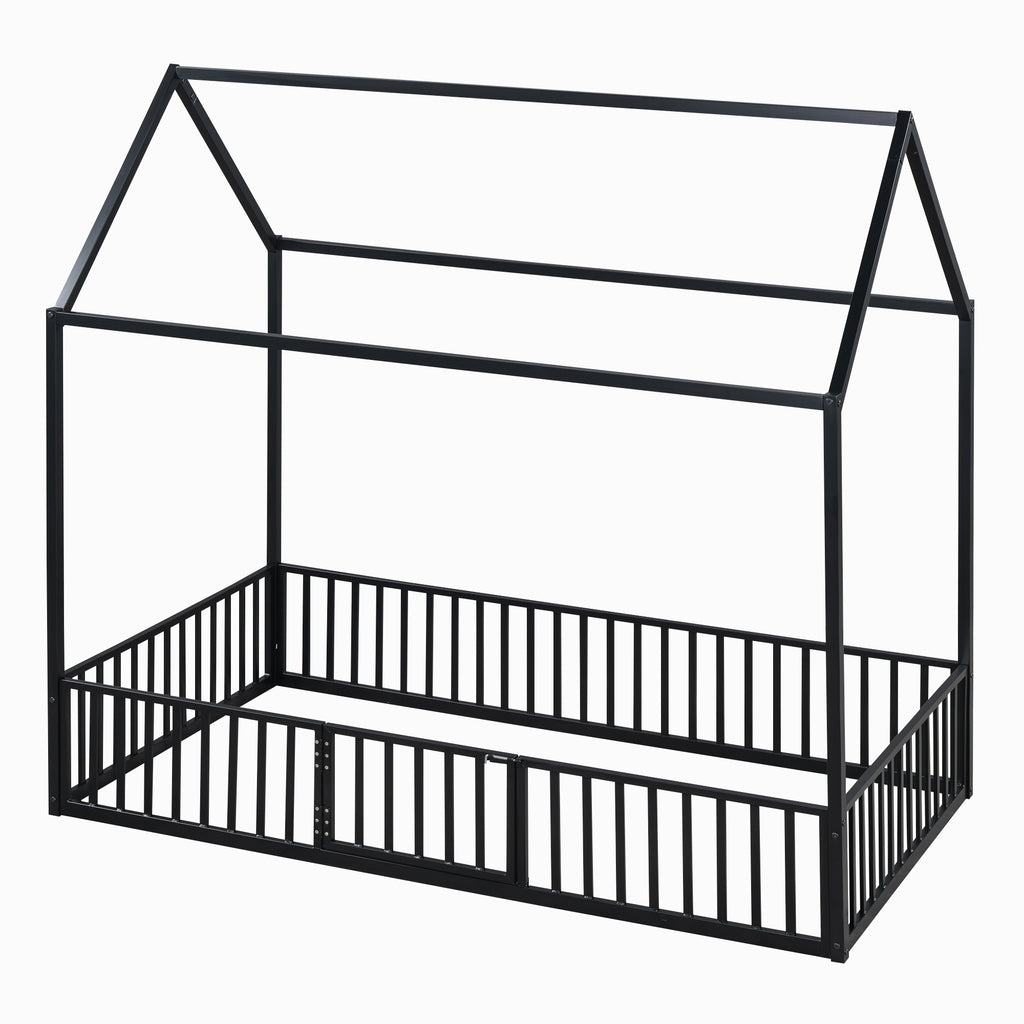 Leoglint Twin Size Metal House Bed Frame with Fence and Door, Black