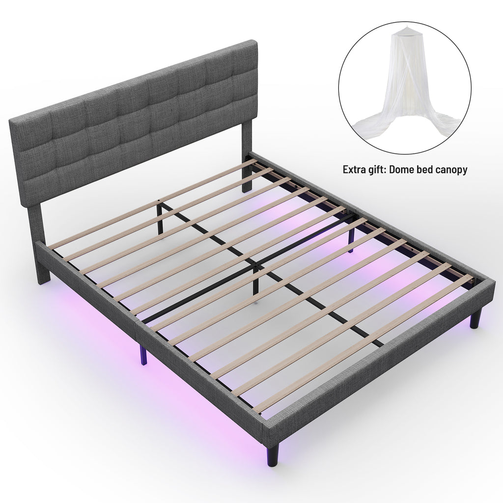 Queen Size Upholstered Platform Bed Linen Bed Frame with Lights Square Stitched Adjustable Headboard Strong Bed Slats System No Box Spring Needed Grey