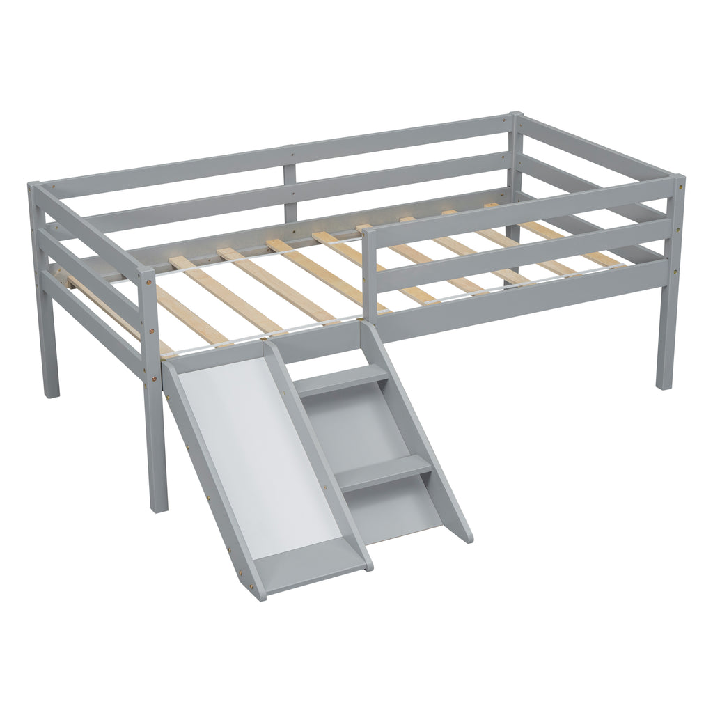 Twin Low Loft Bed Frame with Slide,  Ladder, Safety Guardrails, No Box Spring Needed,Grey