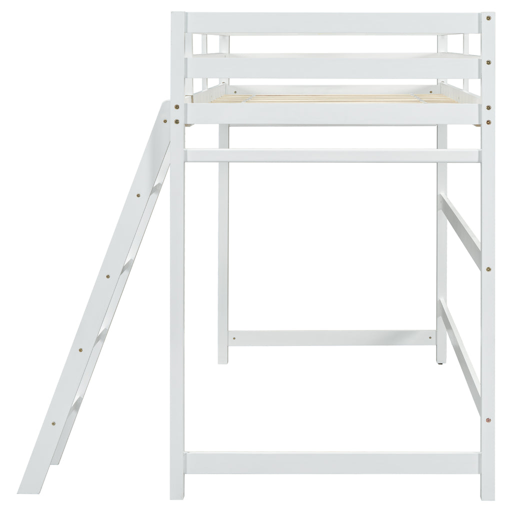 Leoglint Twin Size High Loft Bed Frame with inclined Ladder, Guardrails,White