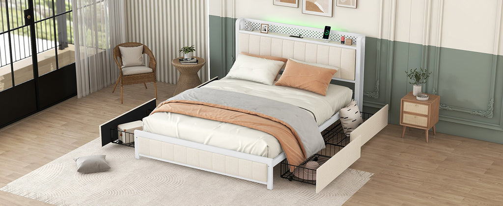 Queen Bed Frame with LED Headboard, Upholstered Bed with 4 Storage Drawers and USB Ports, Beige