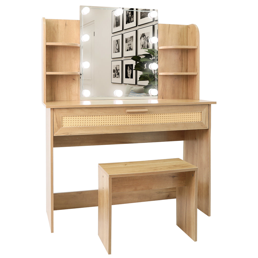 Leoglint Drawer Chest Vanity Desk Set Stool & Dressing Table with LED Lighting Mirror Drawer and Compartments Modern Wood Cosmetic Table Chest of Drawers Nature Color