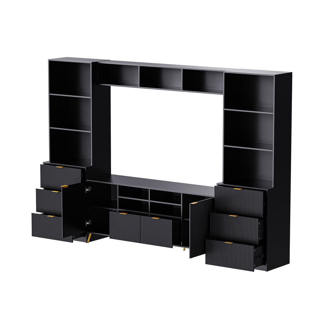 Leoglint U-Can 4-Piece Entertainment Wall Unit with 13 shelves,8 Drawers and 2 Cabinets, Multifunctional TV Stand Media Storage Cabinet with Fluted Line Surface for Living Room, for TVs Up to 70"