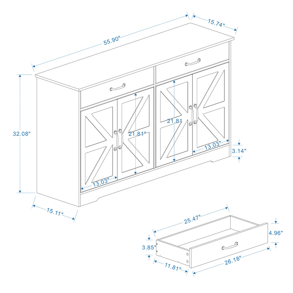Leoglint 55.91" Large Farmhouse Buffet Cabinet Storage Sideboard with 2 Drawers and 4 Doors for Dining Living Room Kitchen Cupboard-White