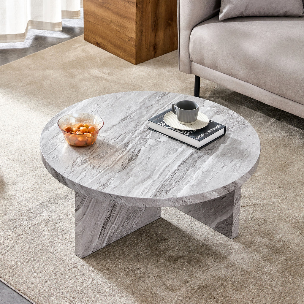 Leoglint Gray MDF material circular textured coffee table, 31.4-inch gray middle table, modern coffee table, suitable for small spaces, living room.