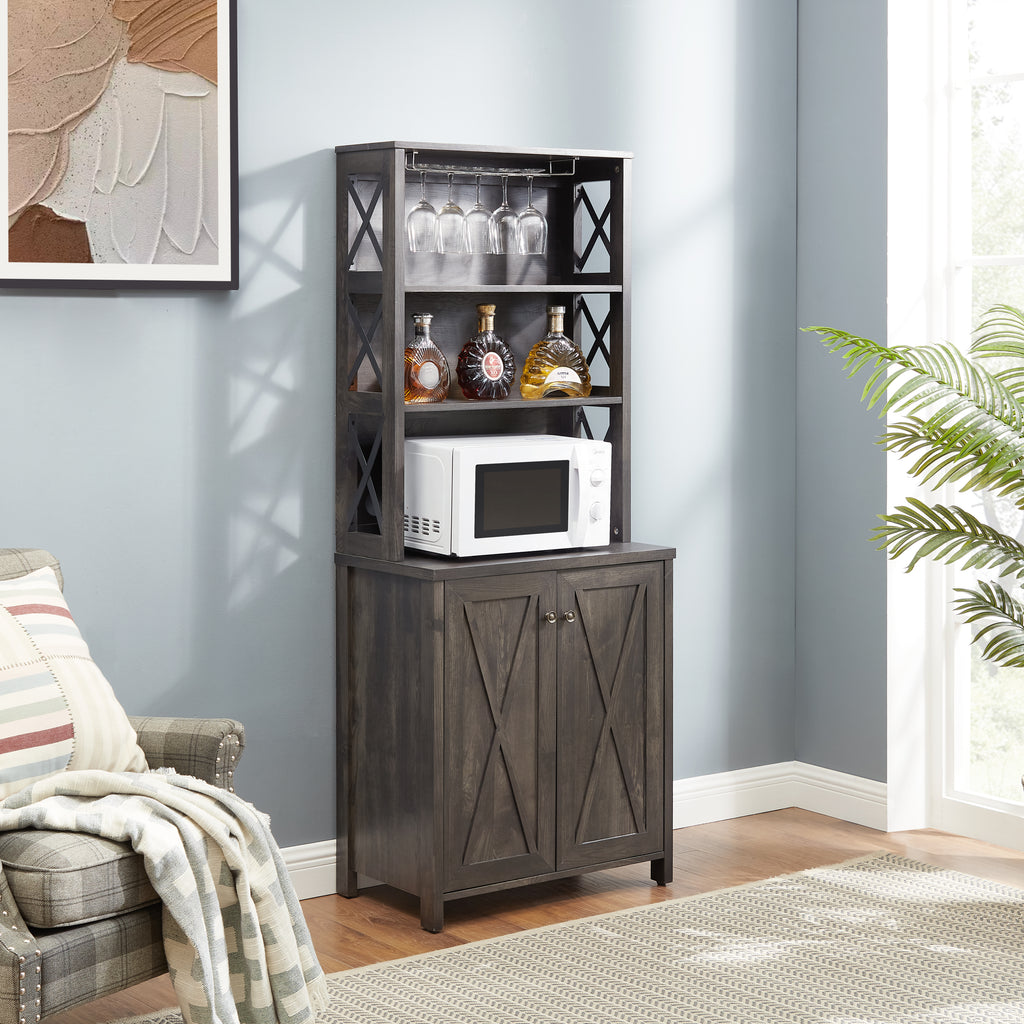 Leoglint Sideboard Coffee Bar Cabinet Kitchen Cabinet with Microwave Stand Metal Frame Side Home Source Bar Cabinet Cabinet and Hollow out Barn Design Wood Cabinet L26.77''*W15.75''*H67.32'' Charcoal Gray