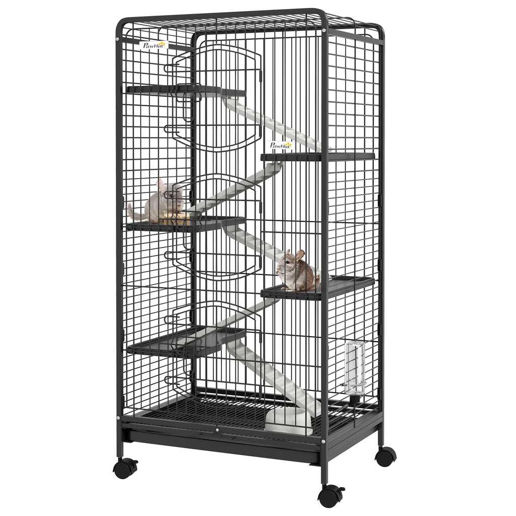 Leoglint 6 Level Small Animal Cage for Dwarf Rabbits, Pet Minks, and Chinchillas w/ Removable Tray, Ramp, Water Bottle, Food Dish, Small Pet Cage for Indoor Use, Black