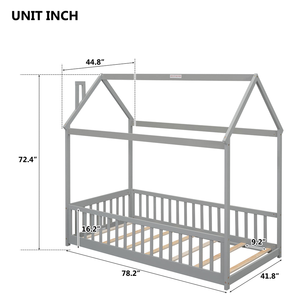 Twin House Bed Frame with Guardrails, Slats ,Grey