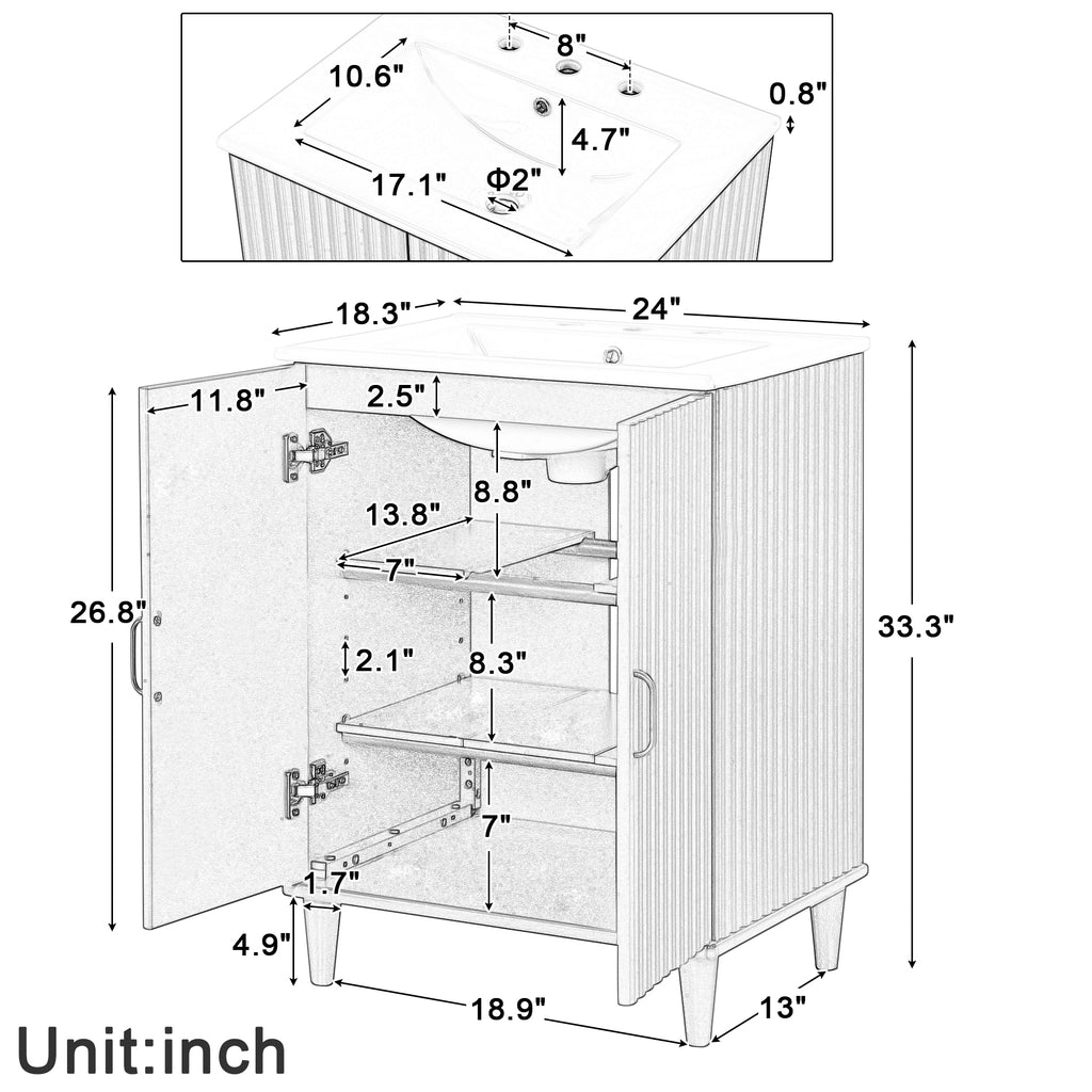 Leoglint 24" Bathroom Vanity with Sink, Bathroom Vanity Cabinet with Two Doors, Adjustable Shelves, Solid Wood and MDF, White