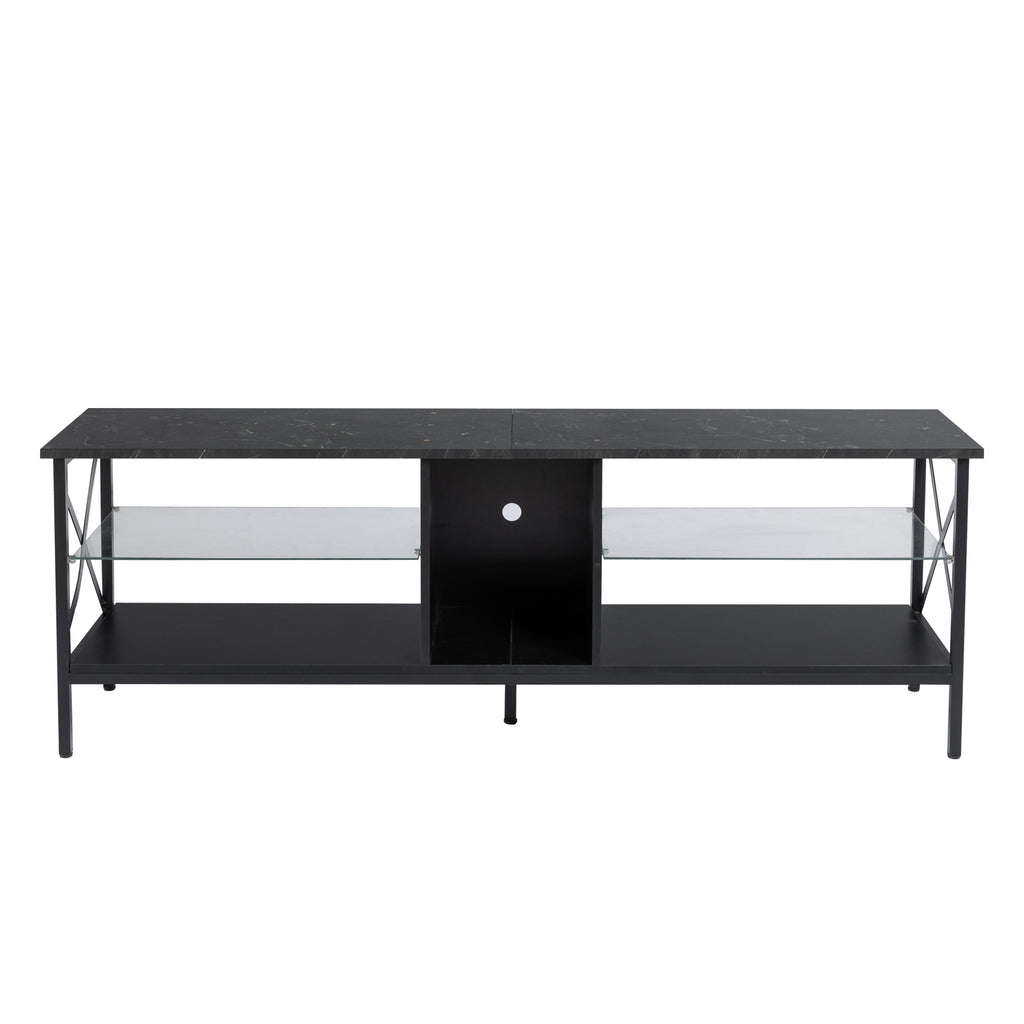 Leoglint TV stand,Iron TV cabinet,entertainment center, TV set, media console, with LED lights, remote control,toughened glass stand,can be placed in the living room, bedroom, color:black with marble texture