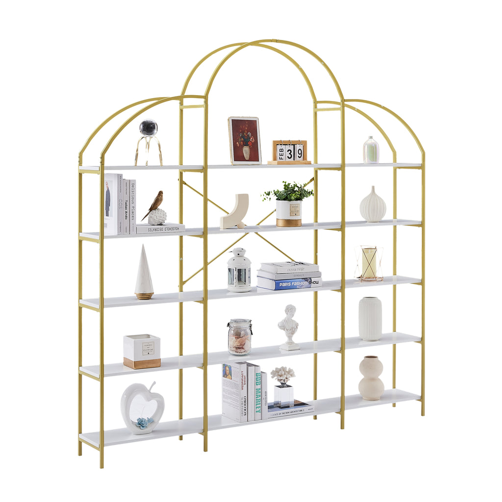 Leoglint 74.8 Inch 5 Tiers Office Bookcase Bookshelf, Display Shelf with Round Top, X Bar Gold Frame