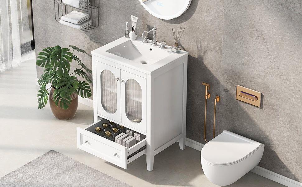 Leoglint 24" Bathroom Vanity with Sink, Bathroom Vanity Cabinet with One Drawer and Doors, Adjustable Shelf, Solid Wood and MDF, White