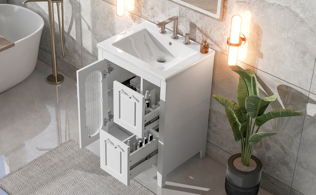 Leoglint 24" Bathroom Vanity with Sink, Bathroom Vanity Cabinet with Two Drawers and Door, Adjustable Shelf, Solid Wood and MDF, White