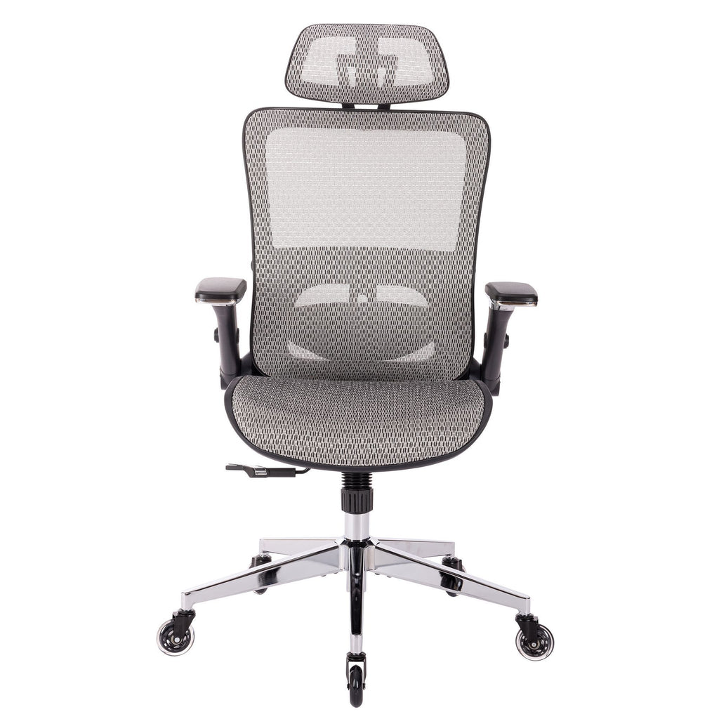 Leoglint GREY Ergonomic Mesh Office Chair, High Back - Adjustable Headrest with Flip-Up Arms, Tilt and lock Function, Lumbar Support and blade Wheels, KD chrome metal legs