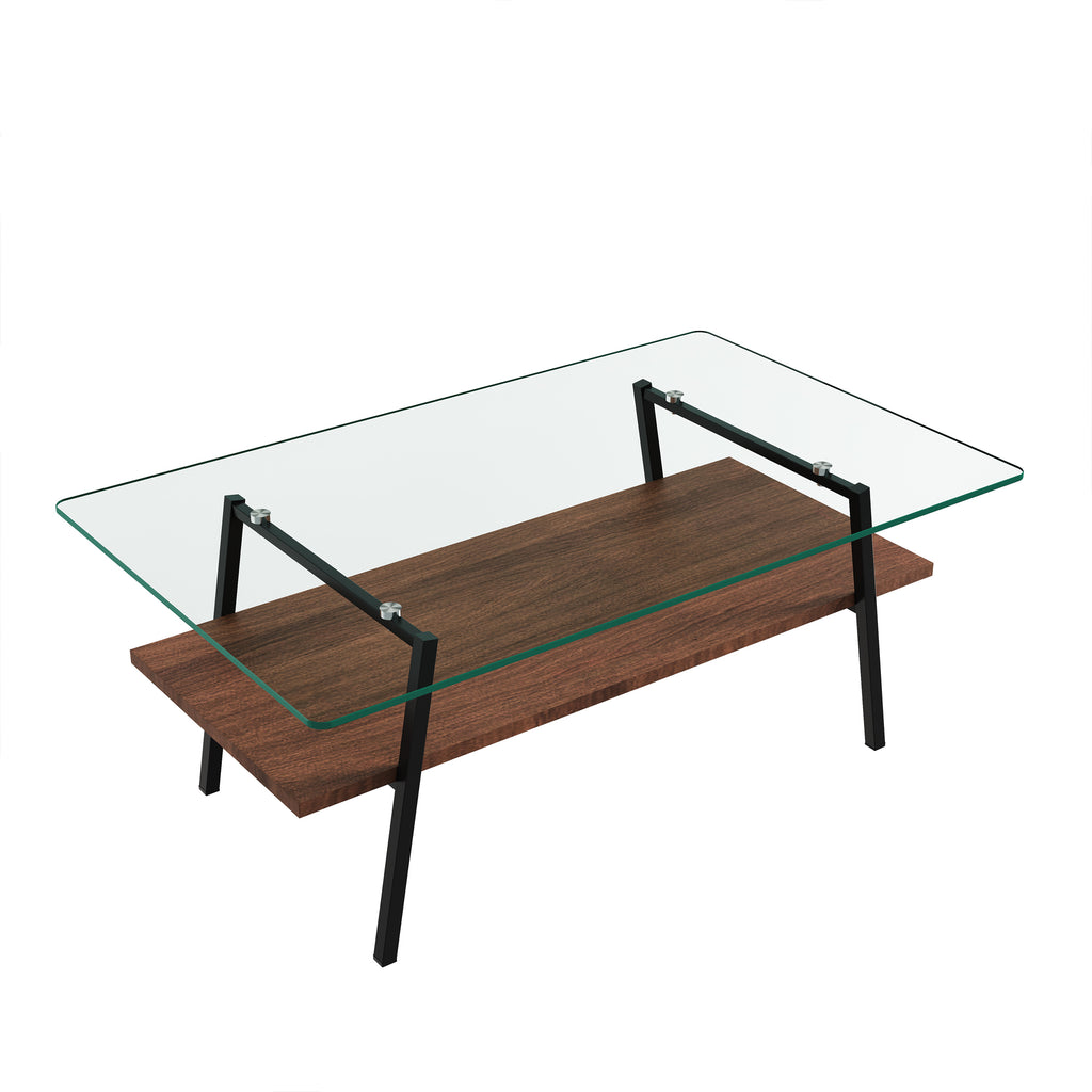 Leoglint Rectangle Coffee Table, Tempered Glass Tabletop with Black Metal Legs, Modern Table for Living Room , Transparent Glass