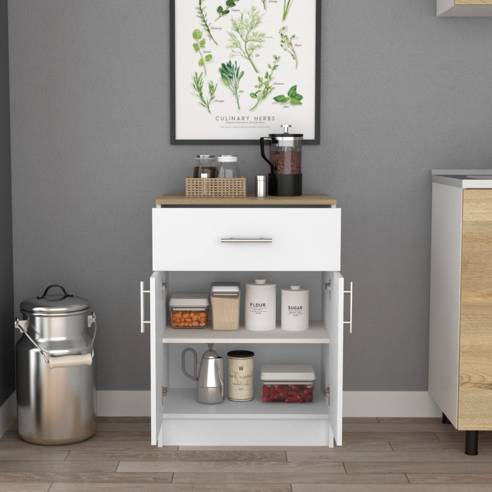 Leoglint Sideboard Pantry Organizer Cabinet 33" H, One Drawer, Two Interior Shelves, Two Doors, White/Light Oak