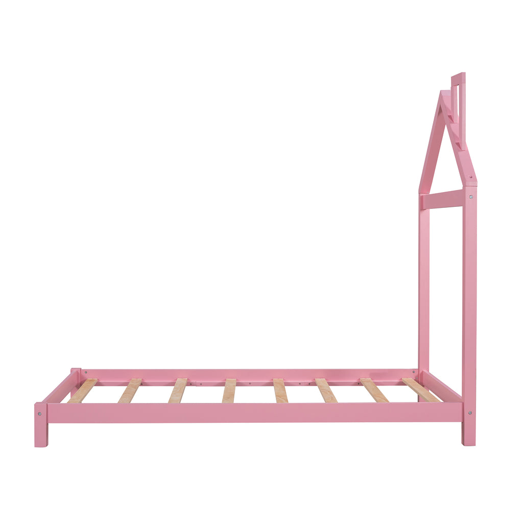 Leoglint Twin Size Wood Platform Bed Frame with House-shaped Headboard  (Pink)