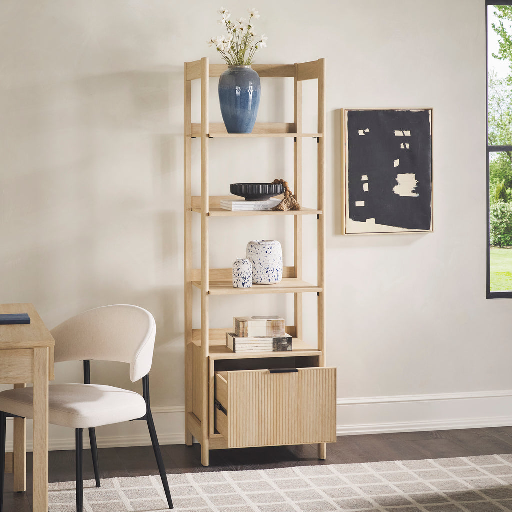 Leoglint Transitional Narrow Bookshelf with Drawer on Bottom - Oak