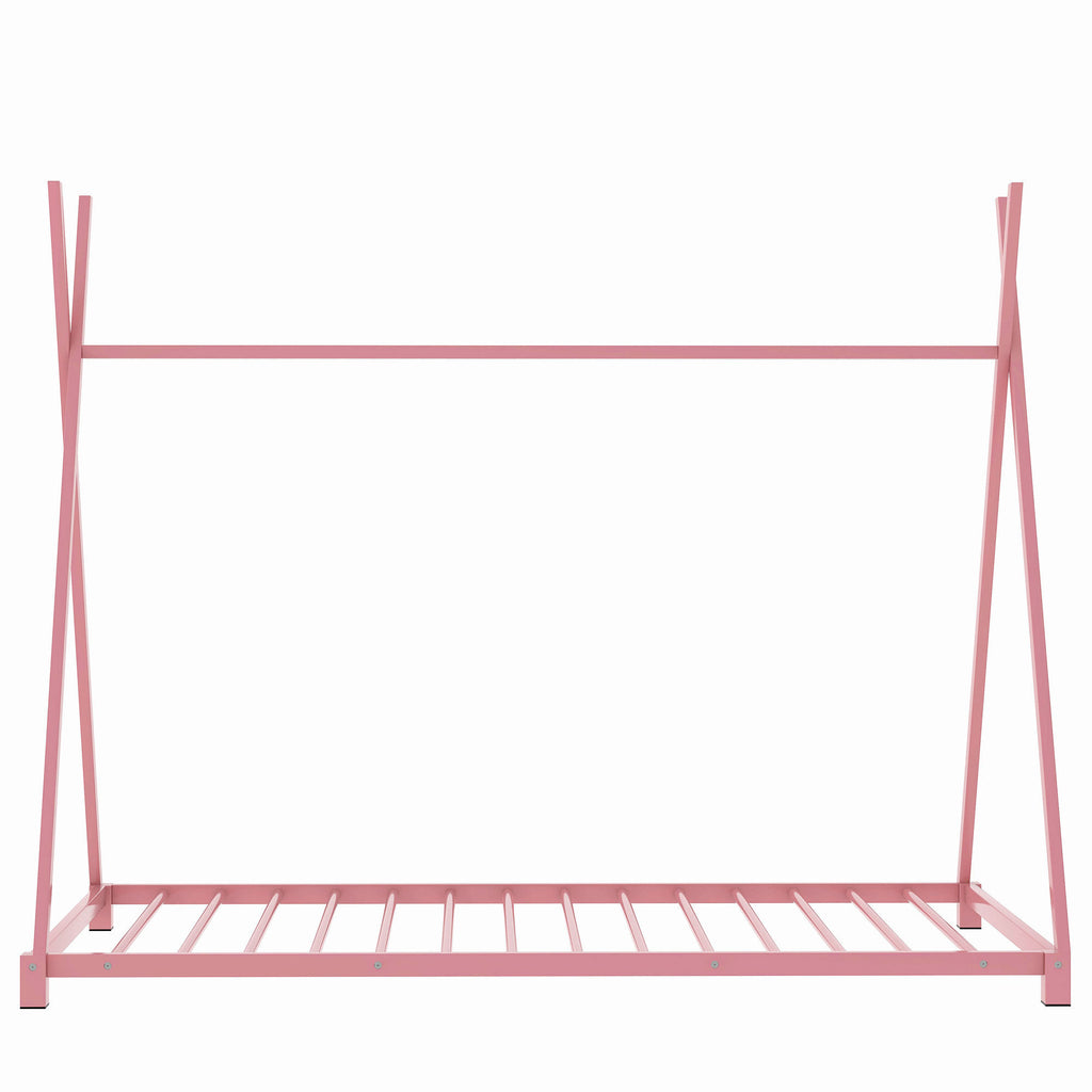 Metal Twin Size House Platform Bed Frame with Triangle Structure, Pink