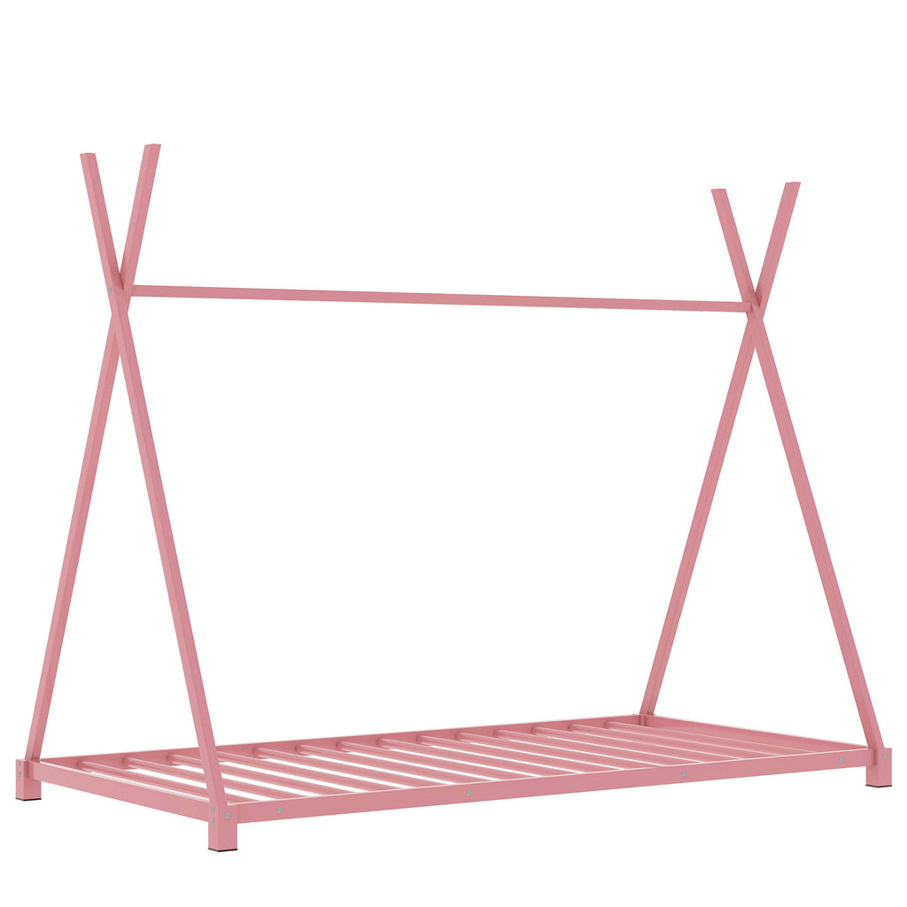 Metal Twin Size House Platform Bed Frame with Triangle Structure, Pink