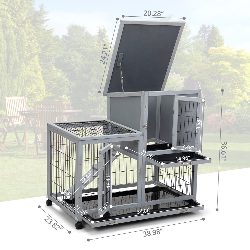 Leoglint Detachable Rabbit Hutch with Removable Tray and Rolling Casters, Gray+White