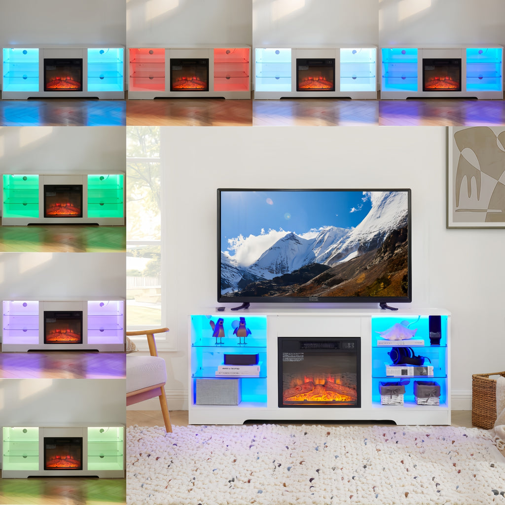 Leoglint TV Stand Electric Fireplace TV Stand with Glass Shelves, 3D Fireplace TV Stand with LED Lights Wood with USB Charging Outlet Modern Television Table Center for TV up to 32-62" White 58''W*15.5''D*24.4