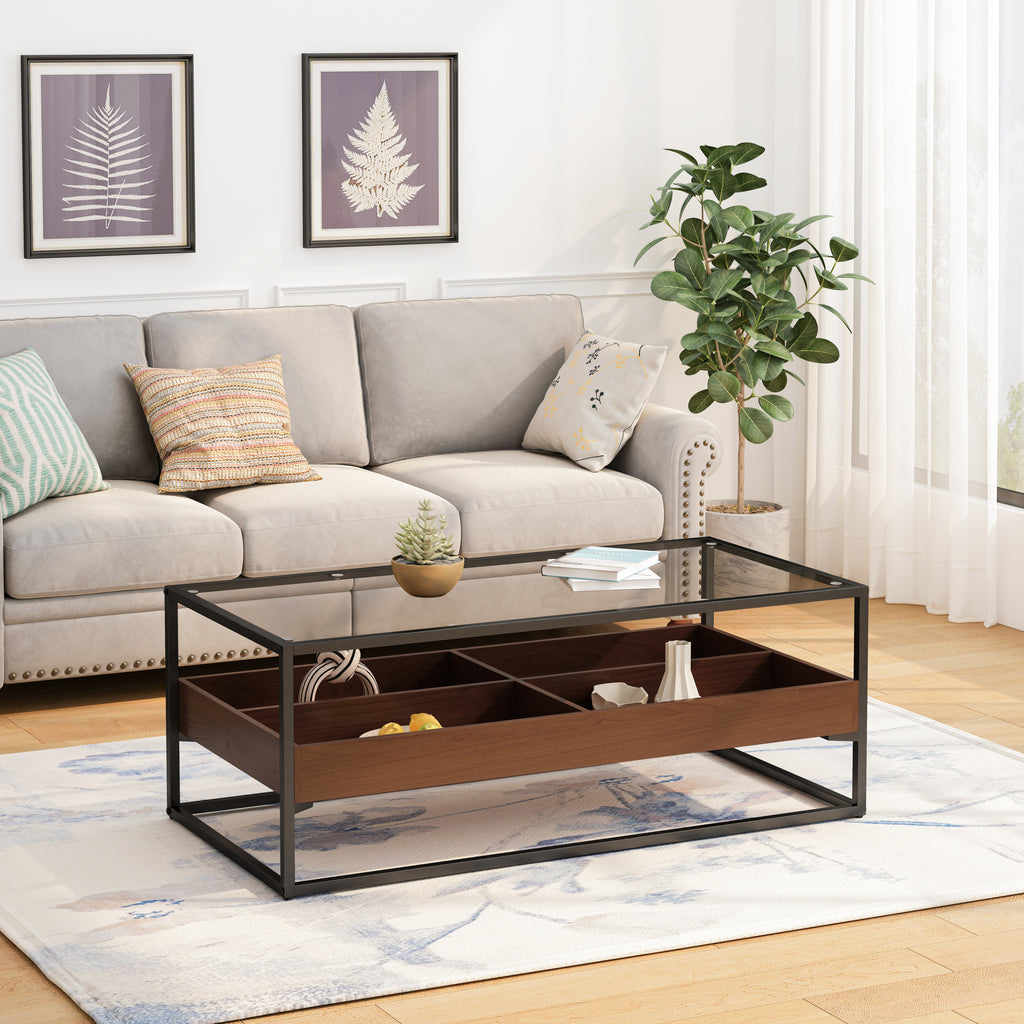 Leoglint 47.24"Rectangle Glass Coffee Table with storage shelf and metal table legs , Home Furniture for Living Room