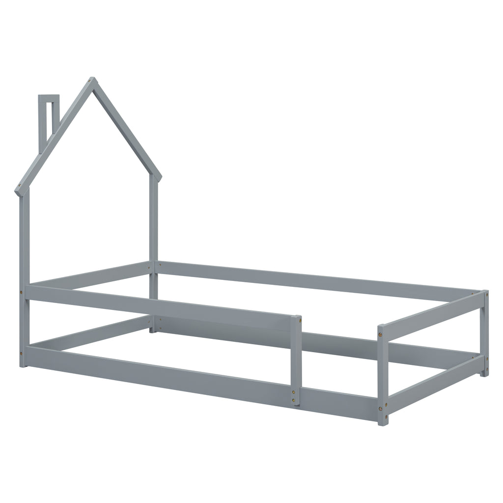 Twin Size Wood bed Frame with House-shaped Headboard Floor bed with Fences,Grey