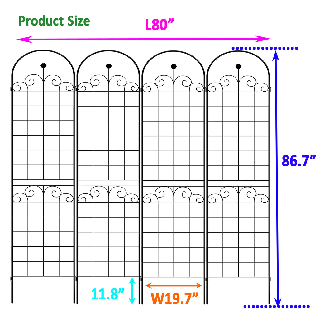 Leoglint 4 Pack Metal Garden Trellis for Climbing Plants Outdoor 86.7'' x 19.7'' Rustproof Plant Support Rose Trellis Netting Trellis Black