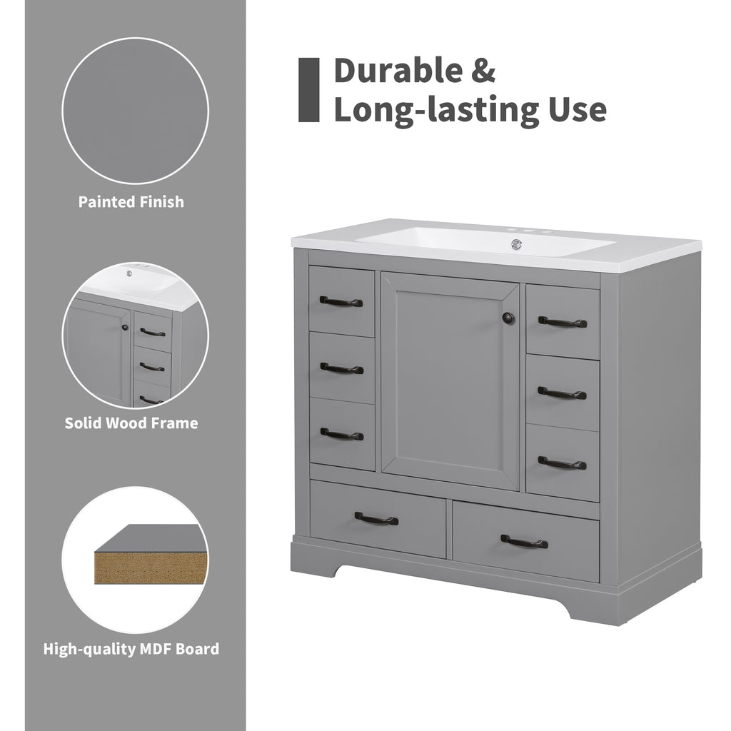 Leoglint 36" Bathroom Vanity without Sink, Cabinet Base Only, Six Drawers, Multi-Functional Drawer Divider, Adjustable Shelf, Grey