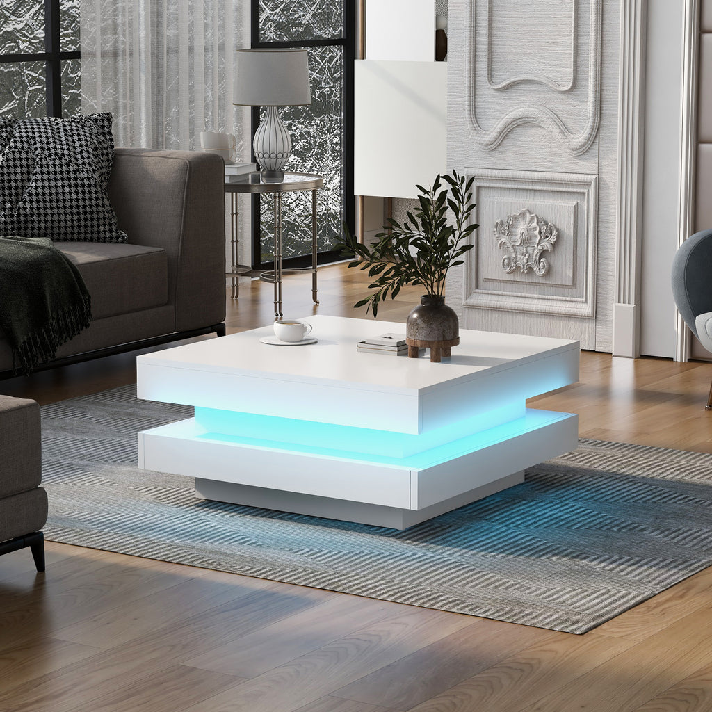 Leoglint ON-TREND High Gloss Minimalist Design with LED Lights, 2-Tier Square Coffee Table, Center Table for Living Room, 31.5''x31.5''x14.2'', White