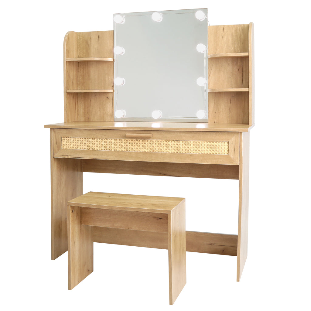 Leoglint Drawer Chest Vanity Desk Set Stool & Dressing Table with LED Lighting Mirror Drawer and Compartments Modern Wood Cosmetic Table Chest of Drawers Nature Color