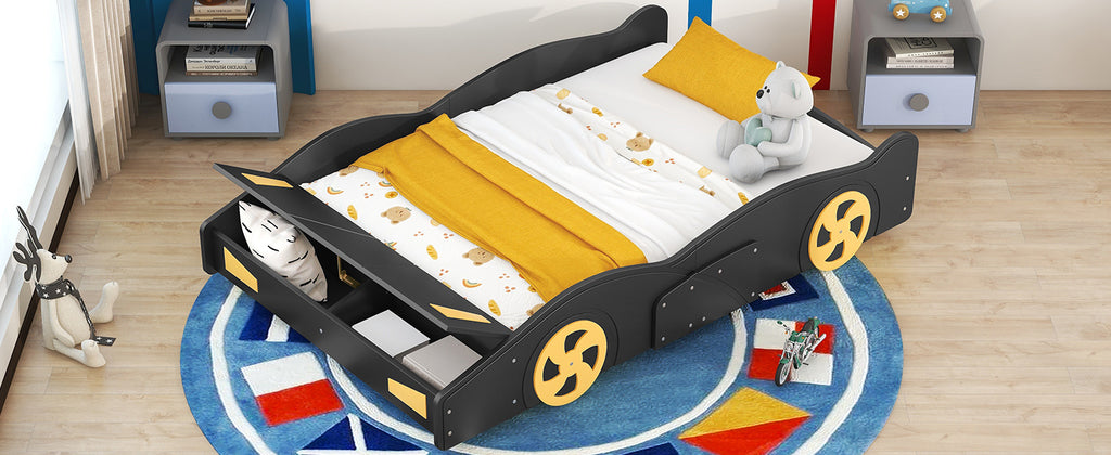 Leoglint Full Size Race Car-Shaped Platform Bed with Wheels and Storage, Black+Yellow