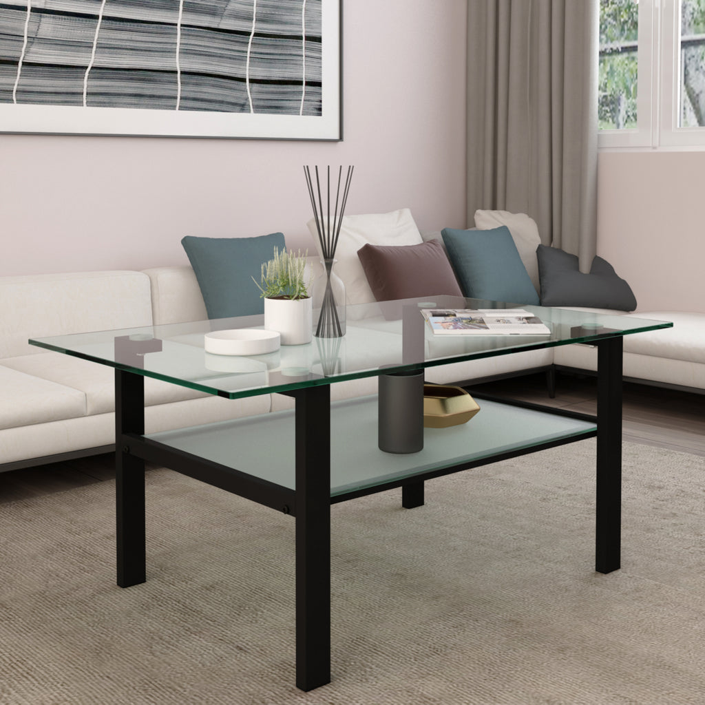 Leoglint Transparent glass black coffee table, modern simple, living room coffee table, side center table