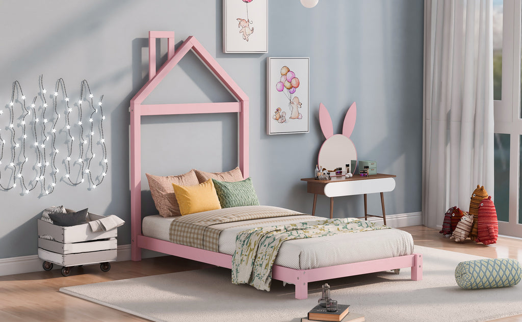 Leoglint Twin Size Wood Platform Bed Frame with House-shaped Headboard  (Pink)